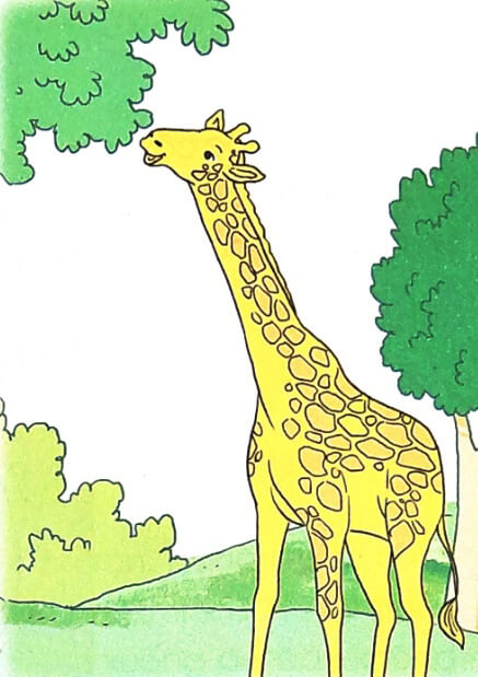 A cartoon giraffe standing in a grassy area Description automatically generated