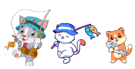 A cartoon cat and a fish AI-generated content may be incorrect.