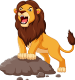 A cartoon lion standing on a pile of dirt Description automatically generated