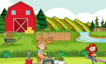 A group of kids playing in a farm Description automatically generated