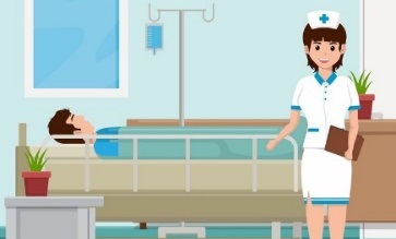 A nurse standing in a hospital room with a person lying in a bed Description automatically generated