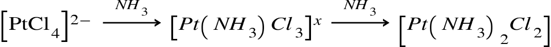open square brackets PtCl subscript 4 close square brackets to the power of 2 minus end exponent space rightwards arrow with N H subscript 3 on top space open square brackets P t open parentheses N H subscript 3 close parentheses C l subscript 3 close square brackets to the power of x space rightwards arrow with N H subscript 3 on top space open square brackets P t open parentheses N H subscript 3 close parentheses subscript 2 C l subscript 2 close square brackets