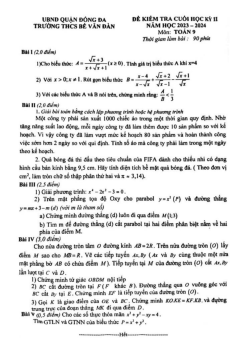 Đề thi cuối học kỳ 2 Toán 9 năm 2023 – 2024 trường THCS Bế Văn Đàn – Hà Nội