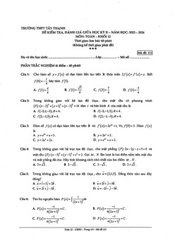 Đề giữa kỳ 2 Toán 12 năm 2023 – 2024 trường THPT Tây Thạnh – TP HCM