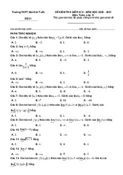 Đề thi giữa HK2 Toán 11 năm 2020 – 2021 trường THPT Mai Anh Tuấn – Thanh Hóa