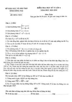 Đề kiểm tra học kỳ 2 Toán 9 năm 2021 – 2022 sở GD&ĐT Đồng Nai