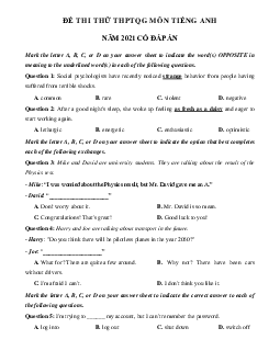 Đề thi thử THPT Quốc gia môn Tiếng Anh năm 2021 sở GD&ĐT Ninh Bình lần 1 (có đáp án)