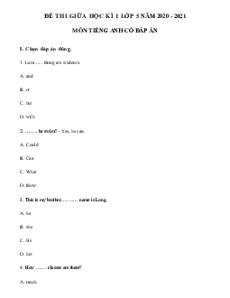Đề kiểm tra tiếng Anh lớp 5 giữa kì 1 năm 2020 - 2021 số 2