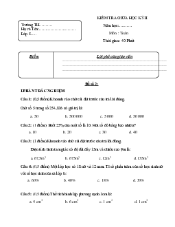 Đề thi Toán lớp 5 giữa học kì 2 - Số 2
