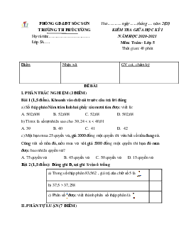 Đề thi giữa học kì 1 lớp 5 môn Toán trường Tiểu học Phú Cường, Hà Nội năm 2020 - 2021