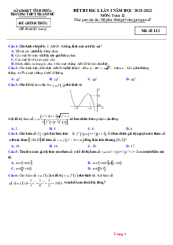 Đề thi thử TN THPT 2022 Toán Trường Trần Phú lần 1 (có đáp án)
