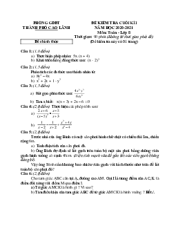 Đề kiểm tra cuối kì 1 Toán 8 năm 2020 – 2021 phòng GD&ĐT TP Cao Lãnh – Đồng Tháp