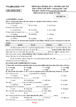 Đề thi học kỳ I năm 2021 -2022 môn Tiếng Anh 9 Sở GD Quảng Nam (có lời giải)