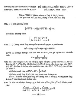 Đề kiểm tra Toán 9 (chung) đợt 2 năm 2023 – 2024 trường chuyên KHTN – Hà Nội