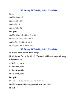 Giải SGK Toán lớp 3 trang 93, 94 Tính giá trị biểu thức số (tiếp theo) | Cánh Diều