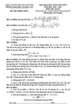 Đề thi học sinh giỏi Toán 9 năm 2022 – 2023 phòng GD&ĐT thành phố Thái Nguyên