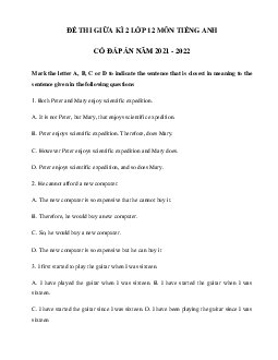 Đề thi giữa học kì 2 môn tiếng Anh lớp 12 THPT Đinh Tiên Hoàng, Hà Nội có đáp án