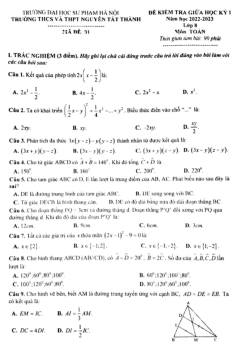 Đề giữa học kỳ 1 Toán 8 năm 2022 – 2023 trường Nguyễn Tất Thành – Hà Nội