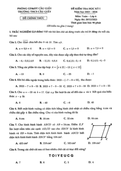 Đề học kỳ 1 Toán 6 năm 2023 – 2024 trường THCS Cầu Giấy – Hà Nội