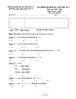 Đề kiểm tra cuối kì 1 Toán 1 Chân Trời Sáng Tạo trường TH Đuốc Sống 2020-2021 có đáp án