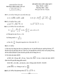 Đề giữa học kỳ 1 Toán 9 năm 2023 – 2024 trường THCS Chu Văn An – Hà Nội