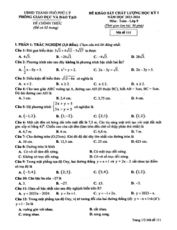 Đề học kỳ 1 Toán 9 năm 2023 – 2024 phòng GD&ĐT Phủ Lý – Hà Nam