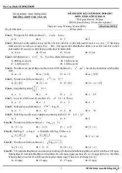 Đề thi HK1 Toán 12 năm học 2016 – 2017 trường Chu Văn An – Hà Nội