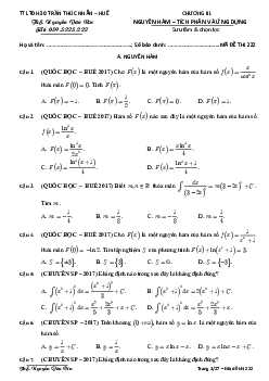 Bài tập trắc nghiệm nguyên hàm – tích phân và ứng dụng – Nguyễn Văn Rin Toán 12