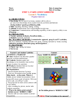 Giáo án Tiếng Anh 8 Unit 1: Fads and Fashions | Friends Plus