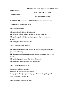 Đề thi giữa học kì 1 môn Công nghệ 11 năm 2023 - 2024 sách Kết nối tri thức với cuộc sống