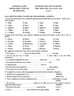 Đề Thi Học Sinh Giỏi Cấp Trường Môn Tiếng Anh - Năm Học 2014 - 2015 Lớp 11 Trường THPT Lý Thái Tổ, Bắc Ninh