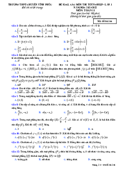 Đề KSCL Toán 11 thi tốt nghiệp THPT 2022 lần 1 trường THPT chuyên Vĩnh Phúc