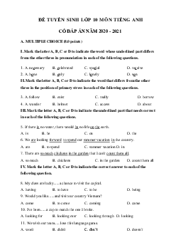 Đề thi vào lớp 10 môn tiếng Anh sở GD&ĐT Hà Nội năm 2020 số 9