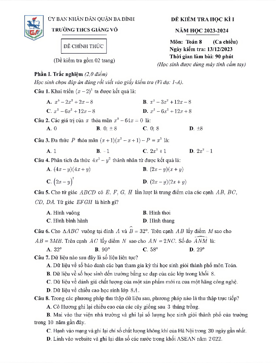 Đề học kì 1 Toán 8 năm 2023 – 2024 trường THCS Giảng Võ – Hà Nội