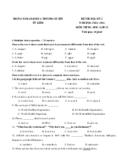 Đề thi học kỳ 2 môn Tiếng Anh lớp 12 Trung tâm Giáo dục Thường xuyên Từ Liêm, Hà Nội năm học 2015 - 2016