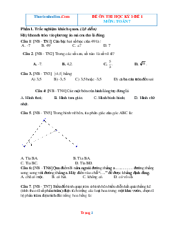 Đề ôn thi học kì I toán lớp 7 chân trời sáng tạo (có đáp án)