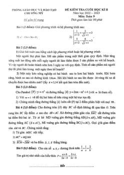 Đề cuối học kì 2 Toán 9 năm 2022 – 2023 phòng GD&ĐT Chương Mỹ – Hà Nội