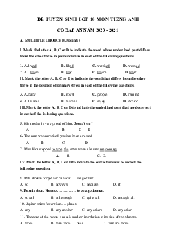 Đề thi vào lớp 10 môn tiếng Anh sở GD&ĐT Hà Nội năm 2020 số 7
