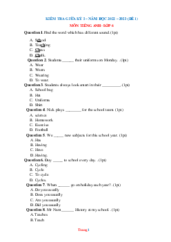 Đề thi giữa học kỳ 1 Tiếng Anh 6 năm 2022-2023 (có đáp án)-Đề 1
