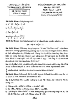 Đề cuối học kì 2 Toán 8 năm 2022 – 2023 trường THCS Tân Bình – TP HCM