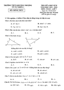 Đề thi giữa học kì 2 Toán 7 năm 2023 – 2024 trường THCS Khương Thượng – Hà Nội