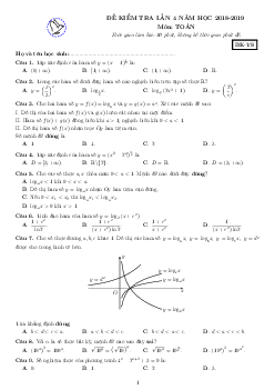 Đề kiểm tra Toán 12 năm 2018 – 2019 trường THCS và THPT Nguyễn Khuyến – Bình Dương lần 4