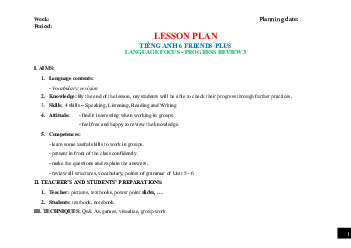 Giáo án Tiếng Anh 6 sách Friends Plus Review 3