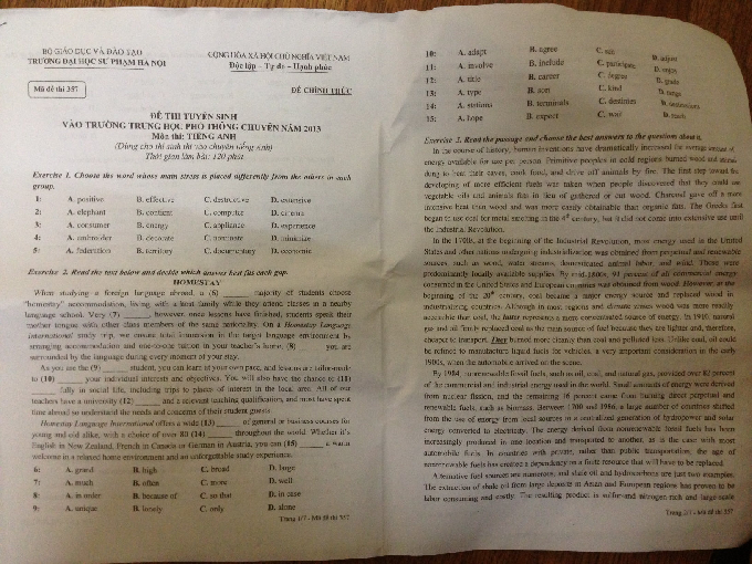 Đề thi Tuyển sinh vào lớp 10 Đại học Sư phạm Hà Nội môn thi Tiếng Anh (chuyên) năm 2013