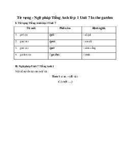 Từ vựng - Ngữ pháp Tiếng Anh lớp 1 Unit 7 In the garden | Global Success