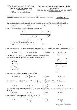 Đề thi thử THPT Quốc gia 2022 môn Toán trường THPT Hương Sơn, Hà Tĩnh (có đáp án)