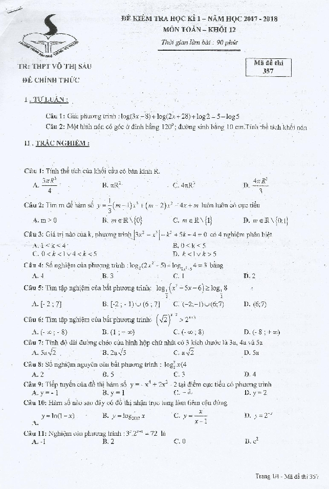 Đề kiểm tra HK1 Toán 12 năm 2017 – 2018 trường THPT Võ Thị Sáu – TP. HCM