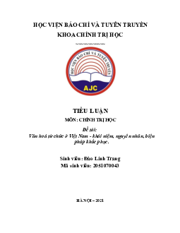 Tiểu luận ''Văn hoá từ chức ở Việt Nam - khái niệm, nguyên nhân, biện  pháp khắc phục''