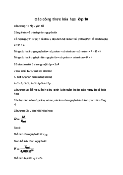 Các công thức hóa học lớp 10 - Kết Nối Tri Thức