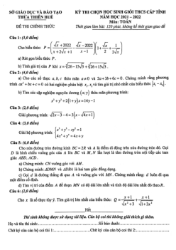 Đề học sinh giỏi tỉnh Toán THCS năm 2021 – 2022 sở GD&ĐT Thừa Thiên Huế